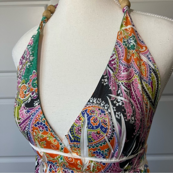 Halter Dress Colorful Paisley Print Beaded Accents Summer Dress - Picture 2 of 8